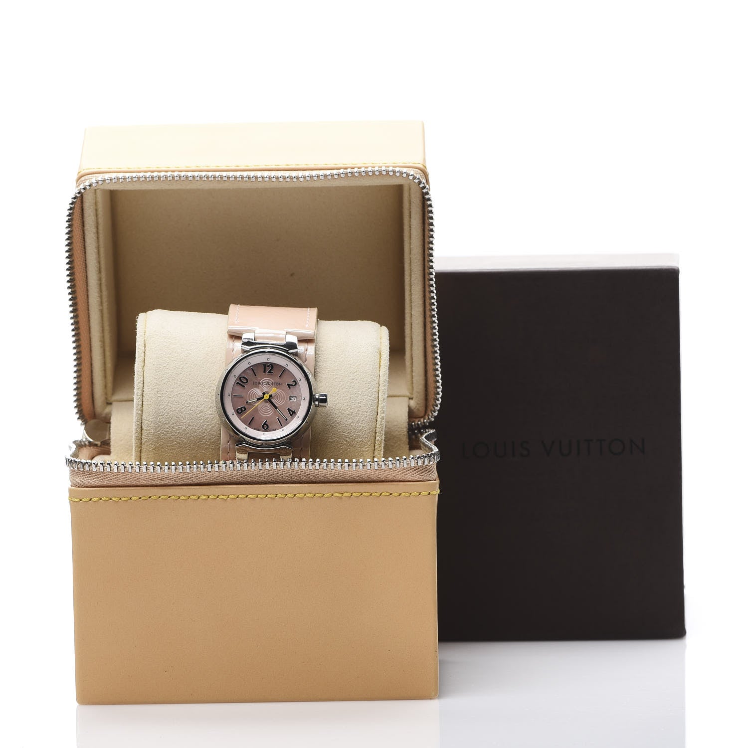 Louis Vuitton Stainless Steel Vernis Pink Mother of Pearl 28mm Tambour Quartz Watch 8 of 8