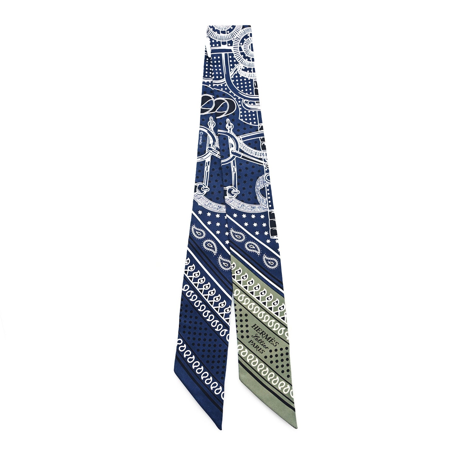 Silk Eperon d'Or Bandana Twilly Marine Vert Sauge White