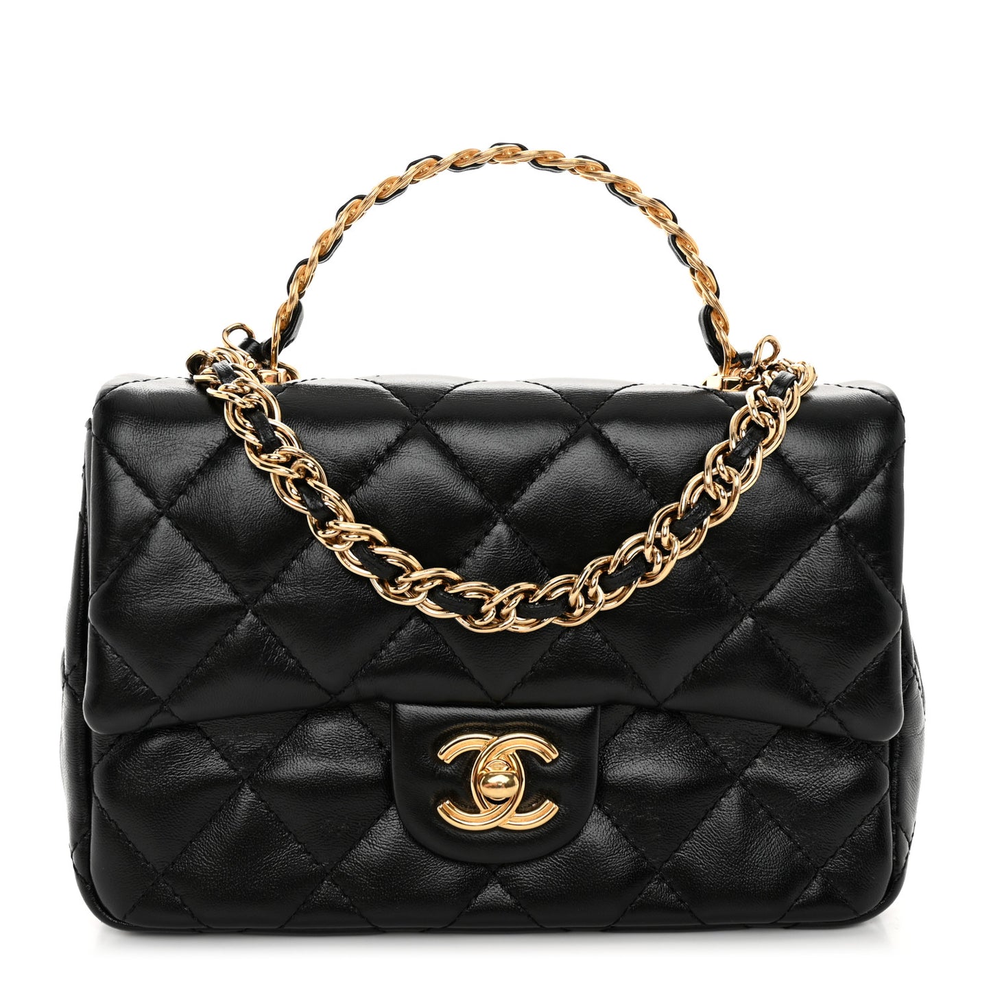 Shiny Lambskin Quilted Golden Links Top Handle Flap Black