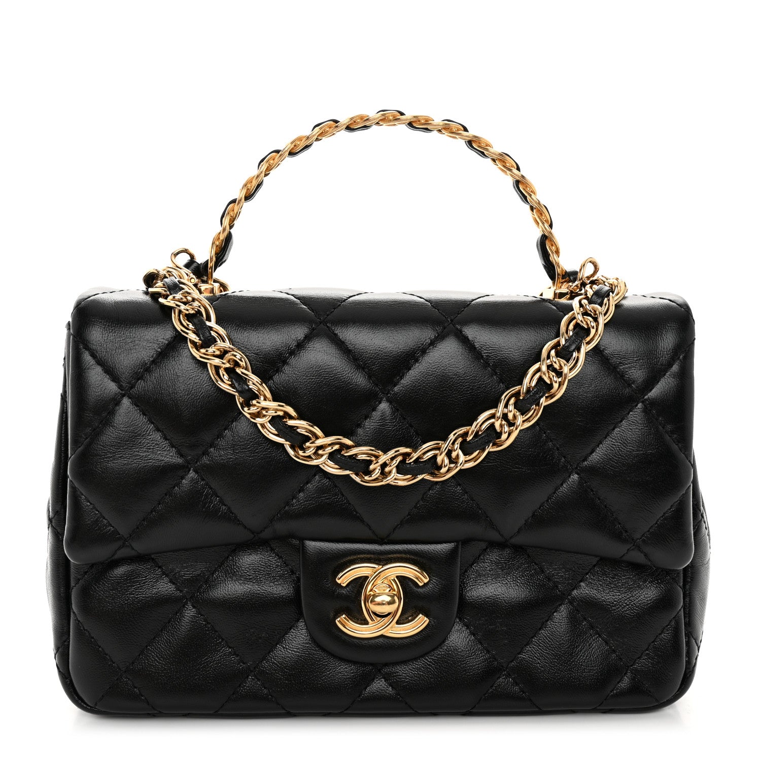 Chanel Shiny Lambskin Quilted Golden Links Top Handle Flap Black 1 of 11