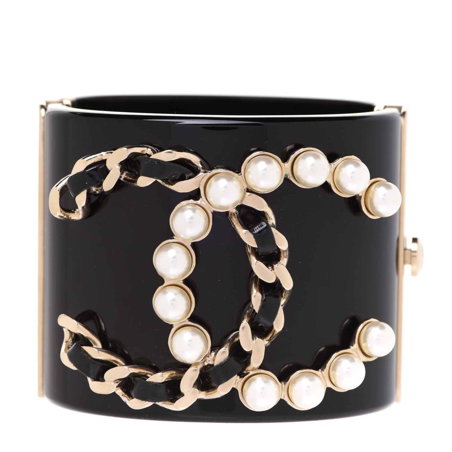 Chanel Resin Pearl Lambskin CC Cuff Bracelet Black 1 of 6