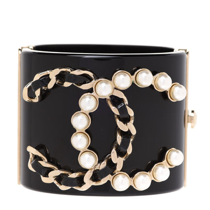 Chanel Resin Pearl Lambskin CC Cuff Bracelet Black 1 of 6
