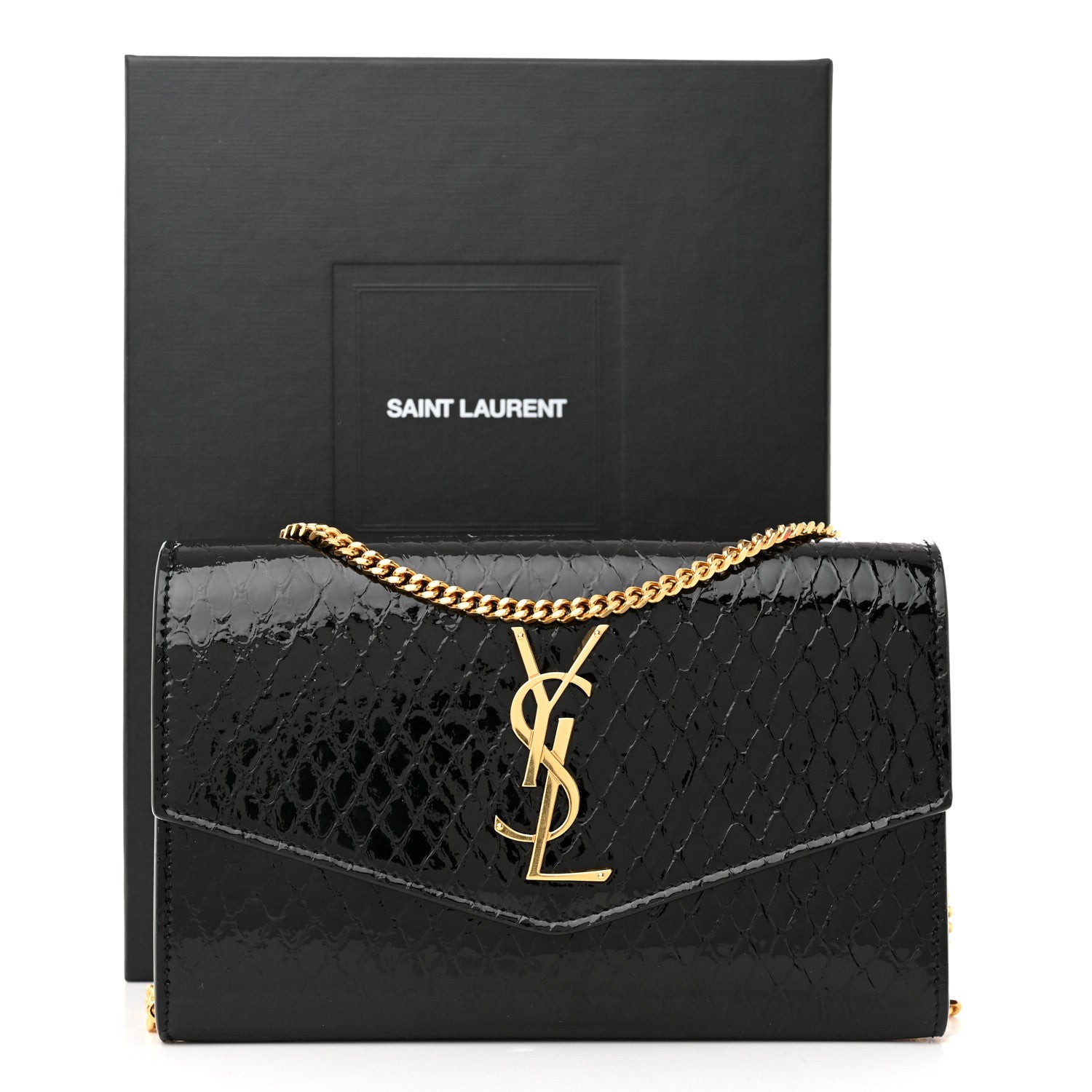 Saint Laurent Calfskin Python Embossed Monogram Uptown Chain Wallet Black 12 of 12