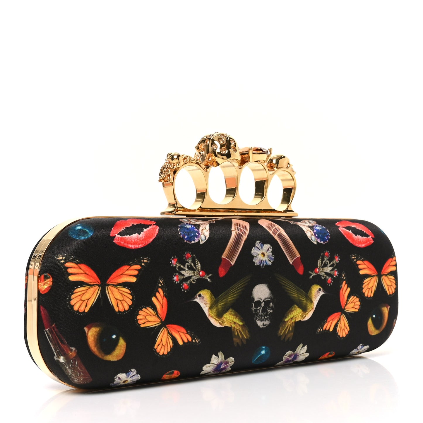 Silk Obsession Print Skull Knuckle Box Clutch Black