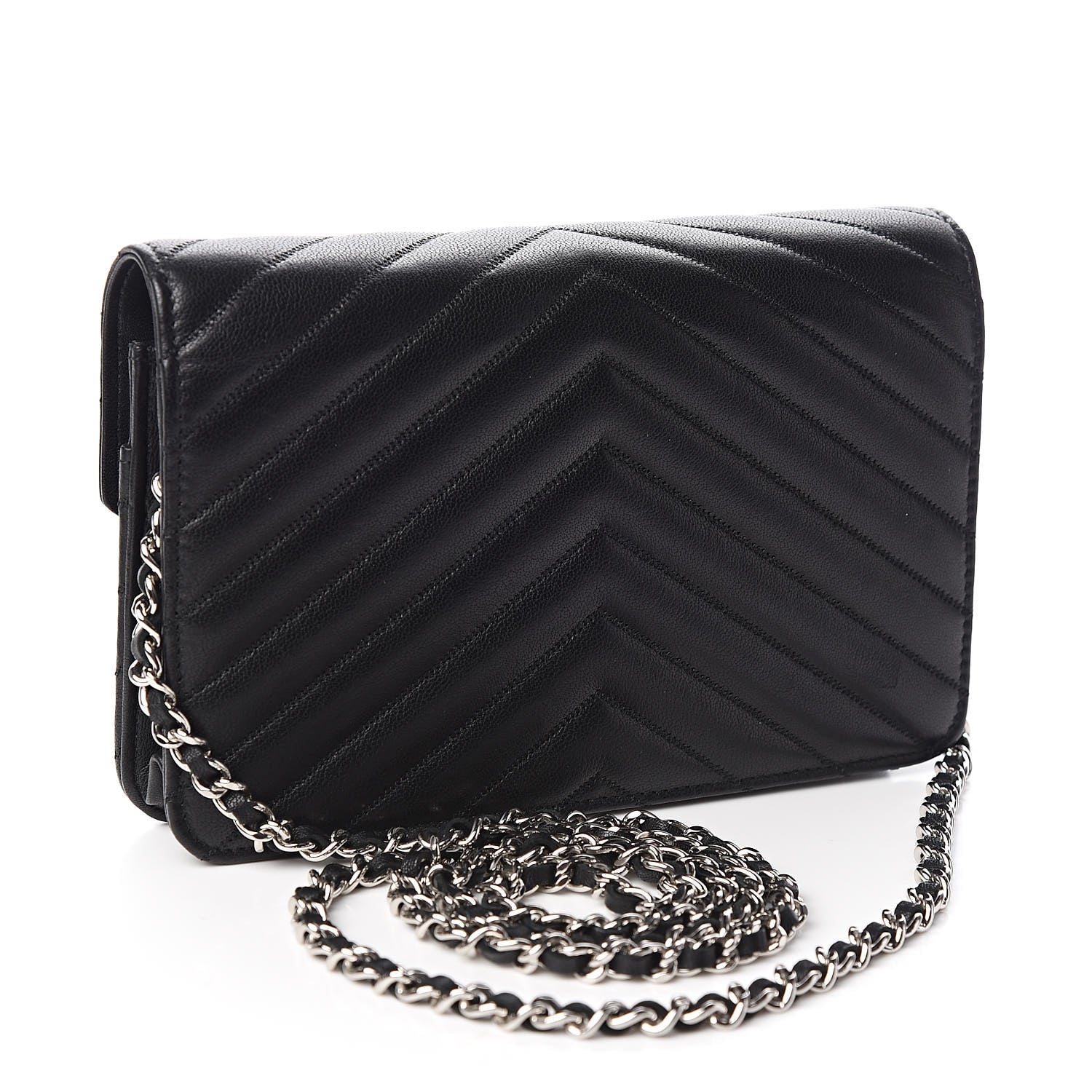 Chanel Sheepskin Chevron Wallet On Chain WOC Black 3 of 11