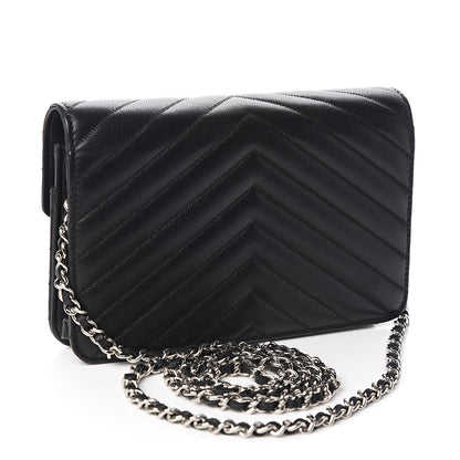 Chanel Sheepskin Chevron Wallet On Chain WOC Black 3 of 11