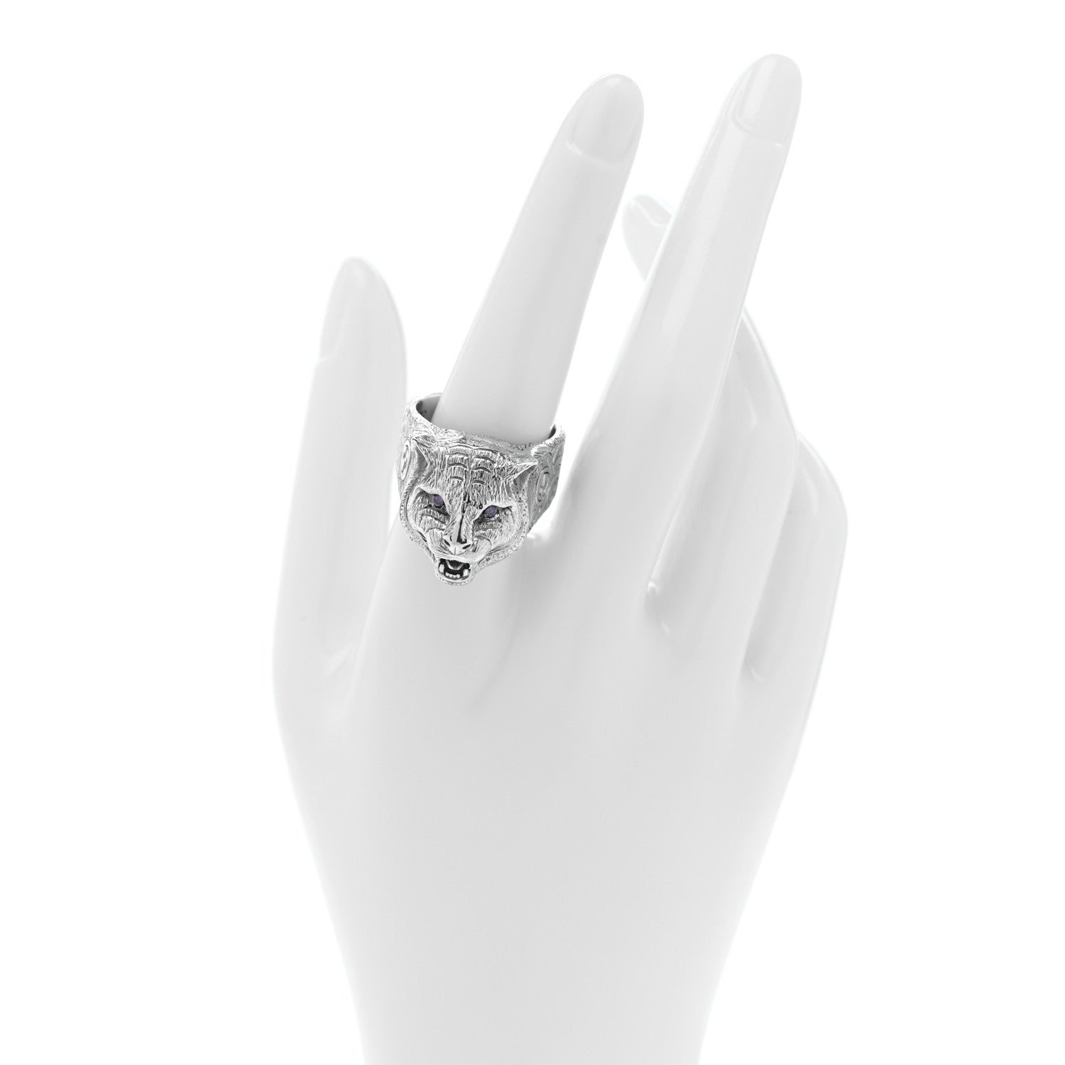 Gucci Sterling Silver Crystal Le Marche Des Merveilles Feline Head Ring 61 9.5 Purple 2 of 7