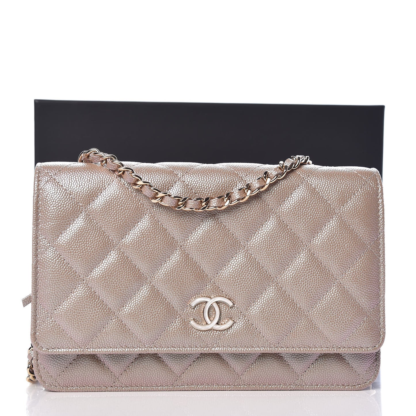 Iridescent Caviar Quilted Wallet On Chain WOC Beige