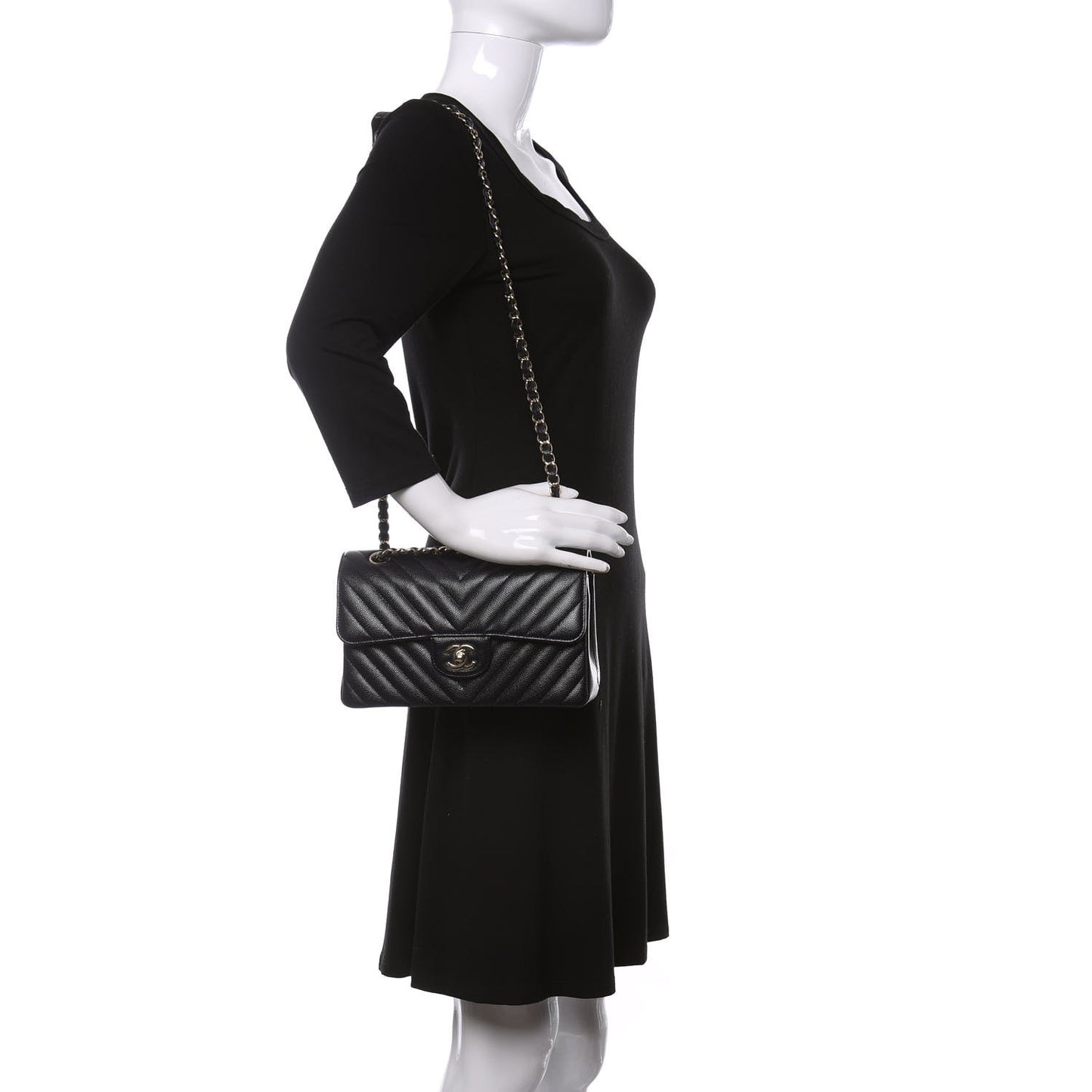Caviar Chevron Quilted Small Double Flap Navy Blue