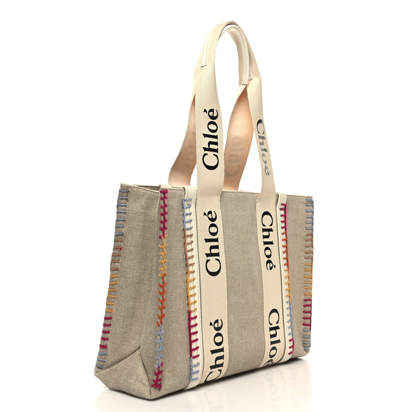 Linen Canvas Calfskin Blanket Stitched Medium Woody Ribbon Tote White Multicolor