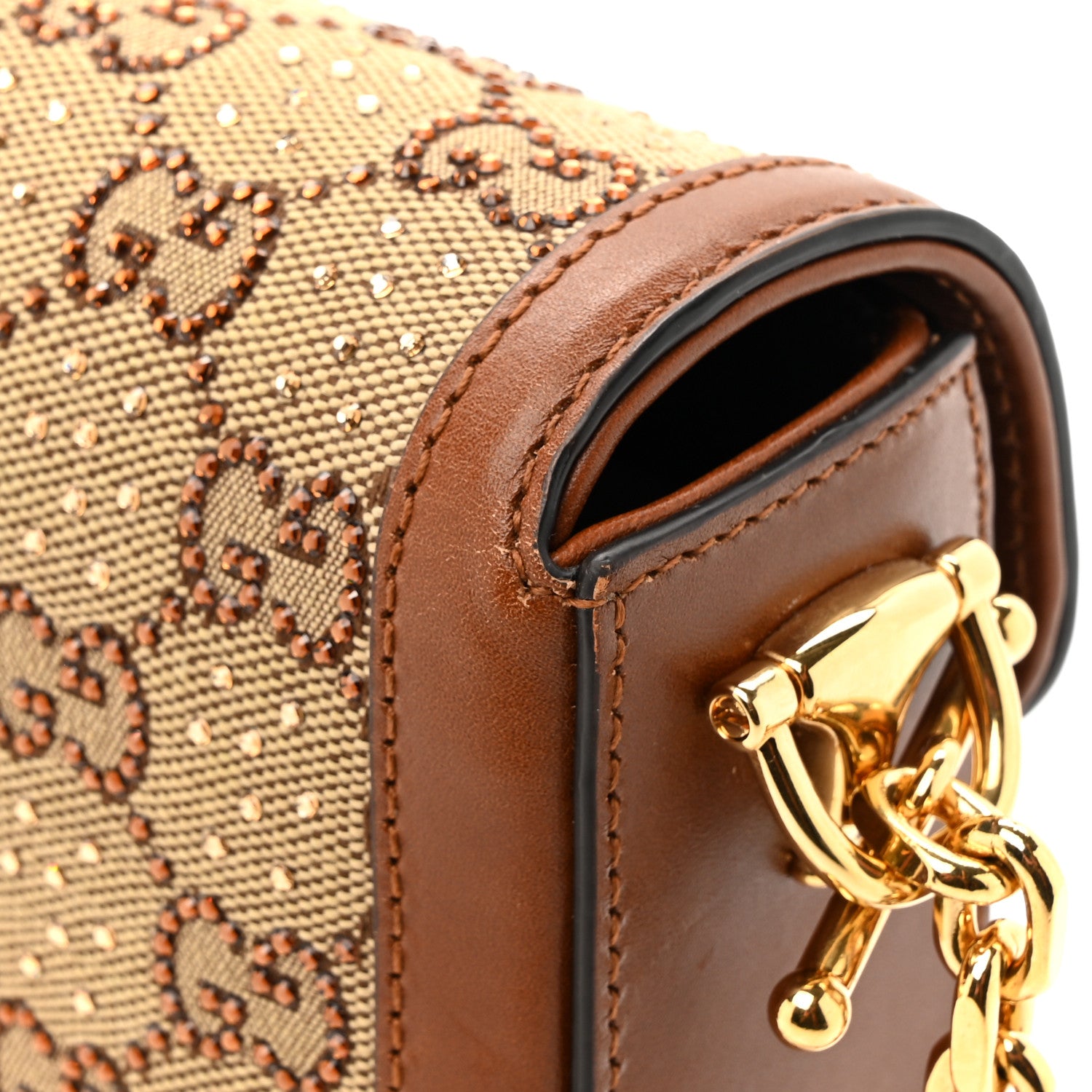 Gucci New Canvas Charisma Calfskin Crystal GG Monogram Mini Horsebit 1955 Shoulder Bag Camel Ebony 13 of 14