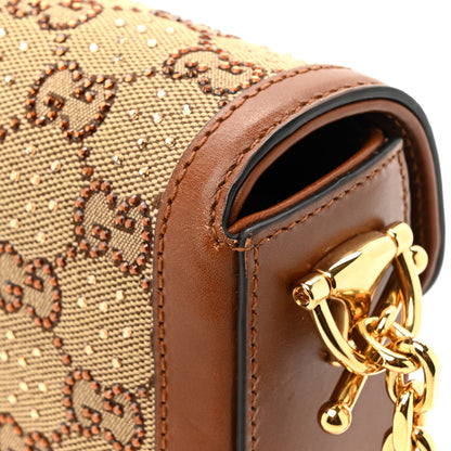 Gucci New Canvas Charisma Calfskin Crystal GG Monogram Mini Horsebit 1955 Shoulder Bag Camel Ebony 13 of 14