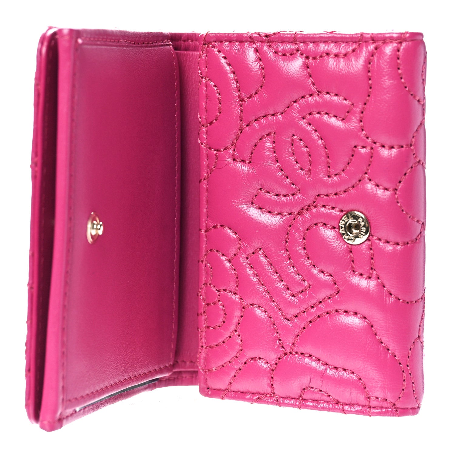 Chanel Lambskin Camellia Embossed Compact Wallet Fuchsia 5 of 10