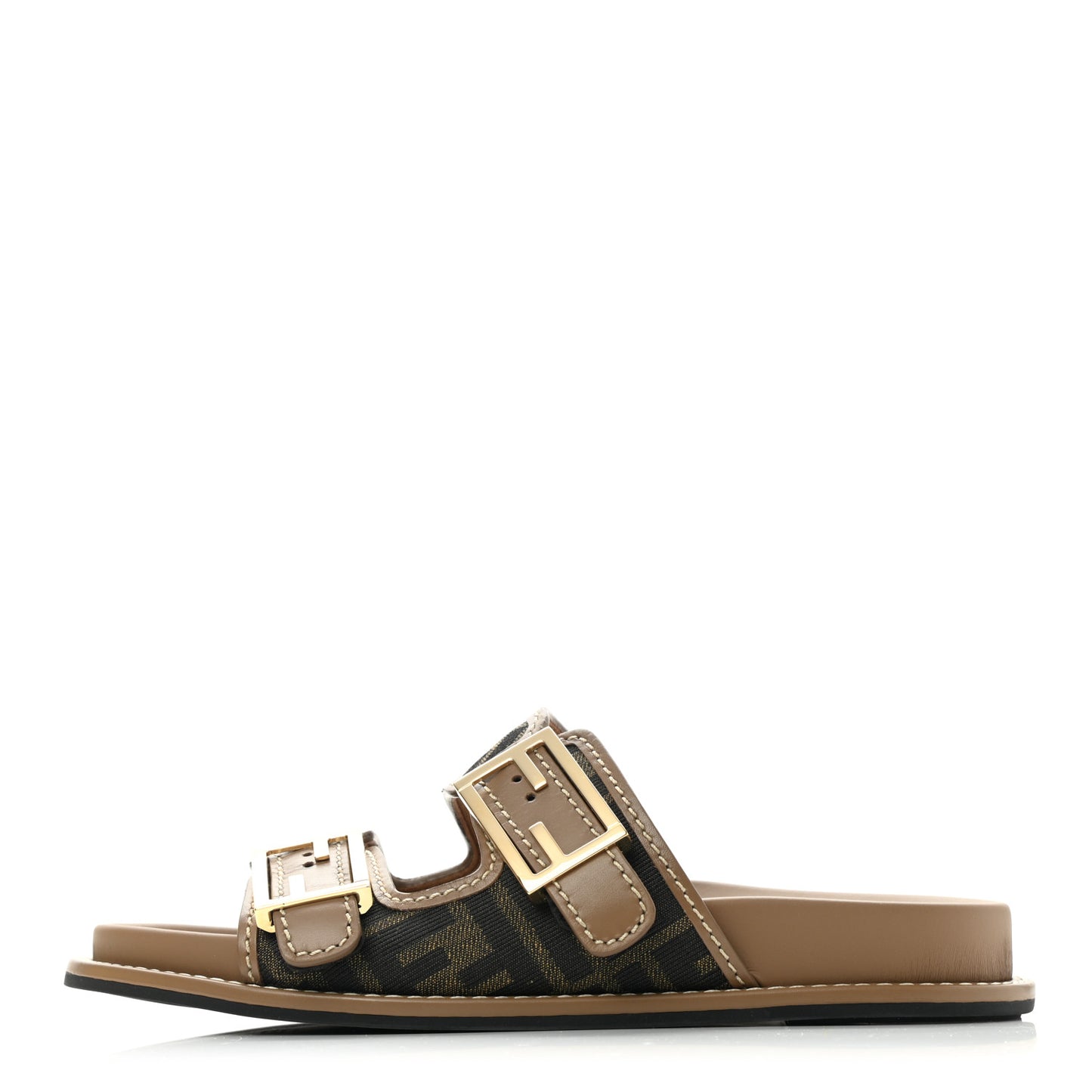 Fabric Jacquard Nappa FF Womens Fendi Feel Buckled Slide Sandals 36 Tobacco Black Miele Scuro