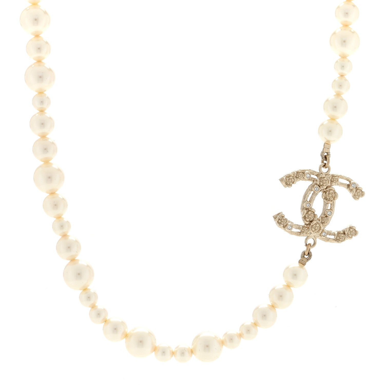 Chanel Pearl Crystal CC Camellia Short Necklace Gold 1 of 4
