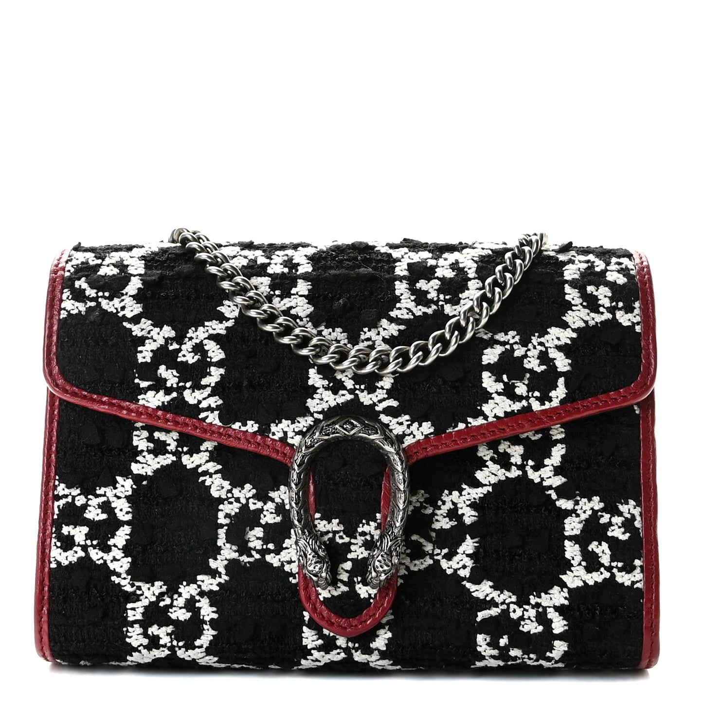 Tweed GG Monogram Mini Dionysus Chain Wallet Black White Romantic Cherry