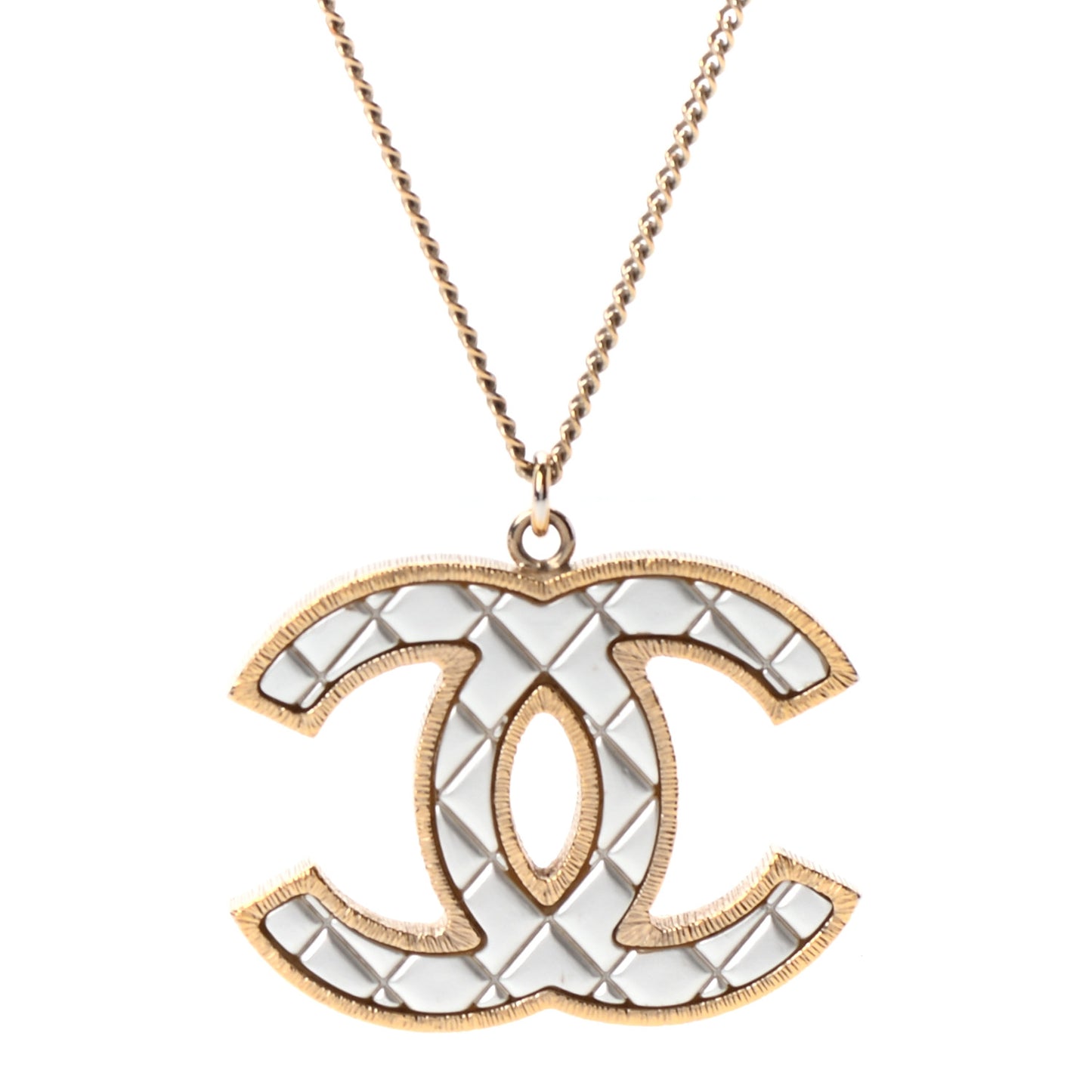 Metal Quilted CC Pendant Necklace Gold White