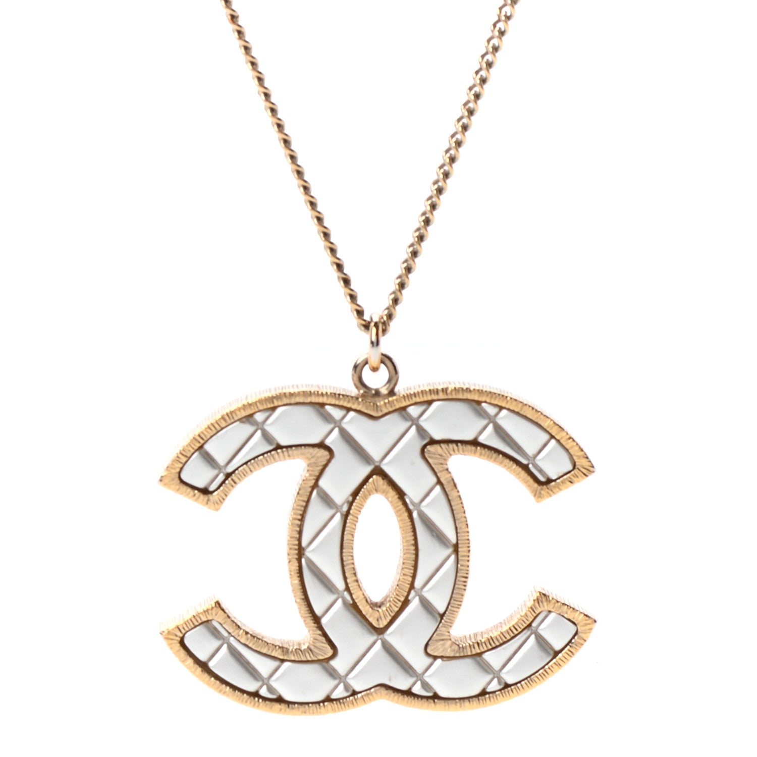 Chanel Metal Quilted CC Pendant Necklace Gold White 4 of 6