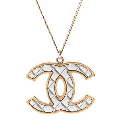 Chanel Metal Quilted CC Pendant Necklace Gold White 4 of 6
