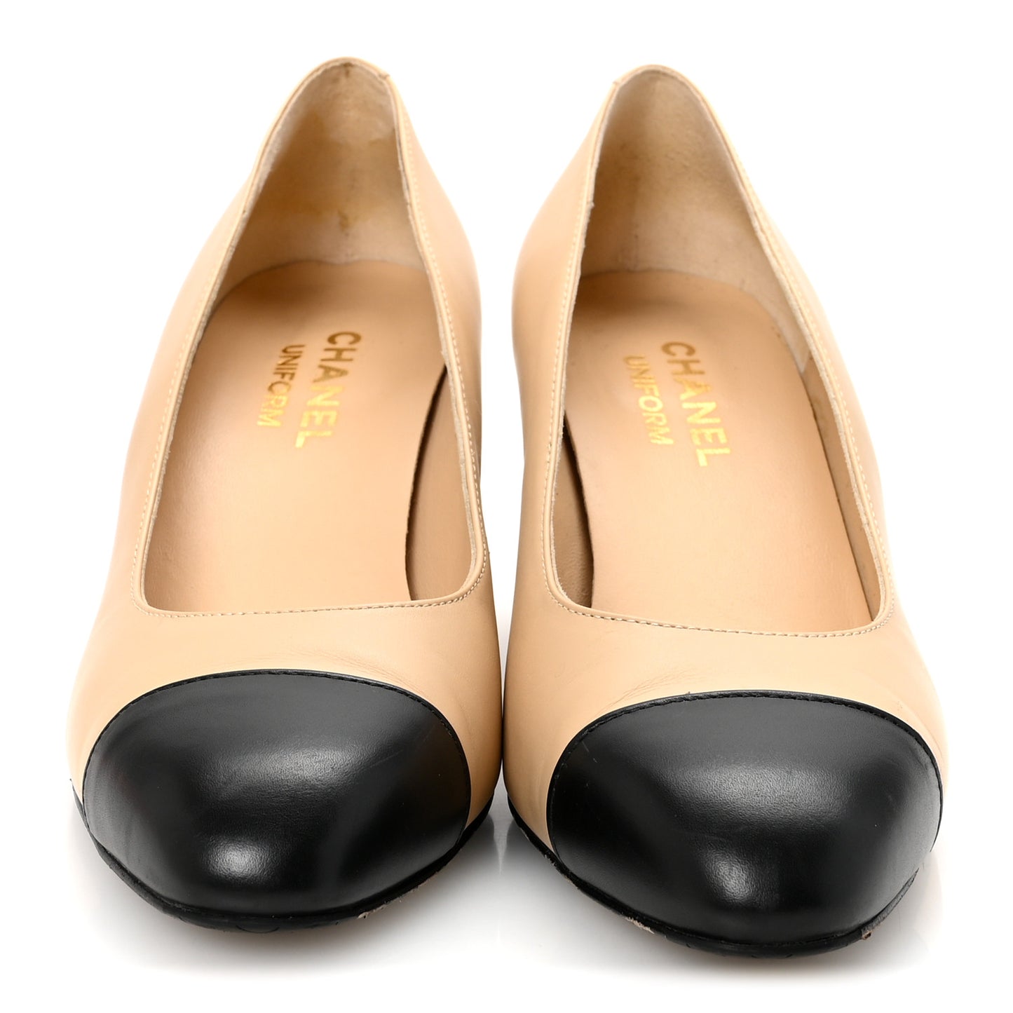 Lambskin Cap Toe CC Uniform Pumps 38 Beige Black