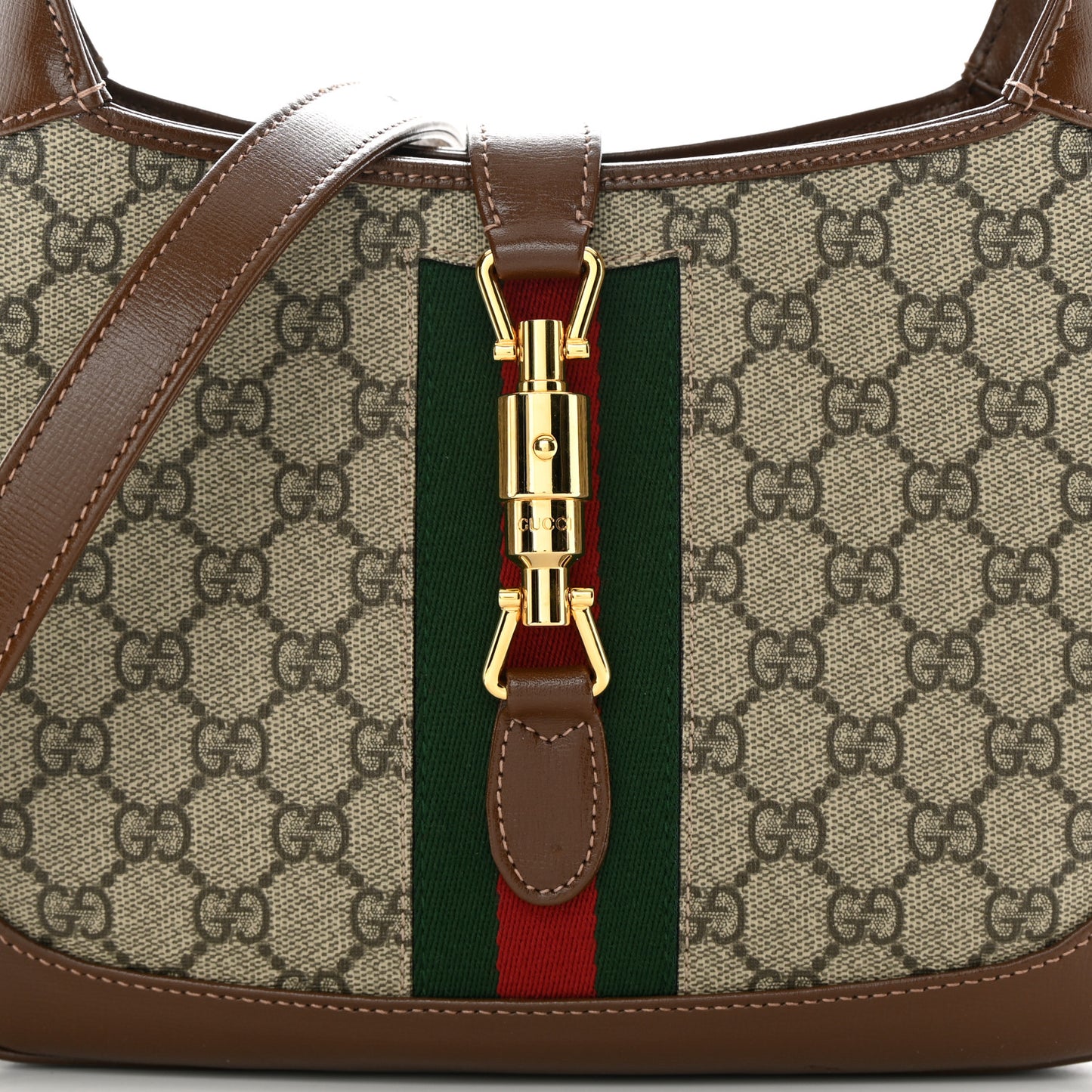 GG Supreme Monogram Azalea Calfskin Web Small Jackie 1961 Hobo Beige Ebony Brown Sugar