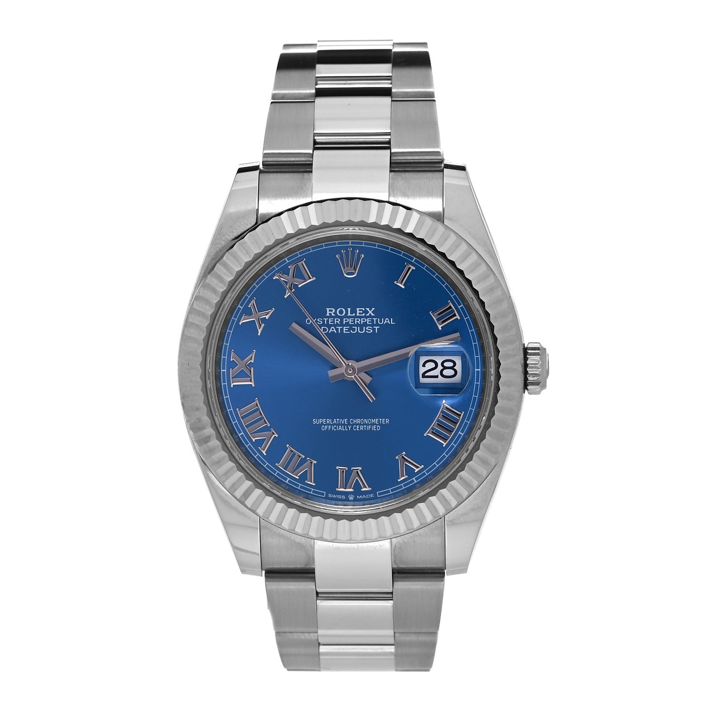 Stainless Steel 18K White Gold 41mm Oyster Perpetual Datejust Watch Azzurro Blue Roman 126334