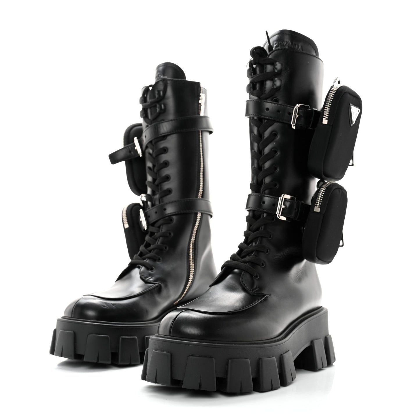 Vitello Lux Nylon Metal Triangle Logo Monolith Pouch Pocket 55mm Tall Combat Boots 36.5 Black