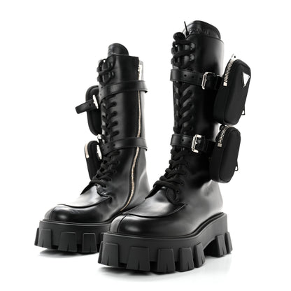 Prada Vitello Lux Nylon Metal Triangle Logo Monolith Pouch Pocket 55mm Tall Combat Boots 36.5 Black 3 of 10
