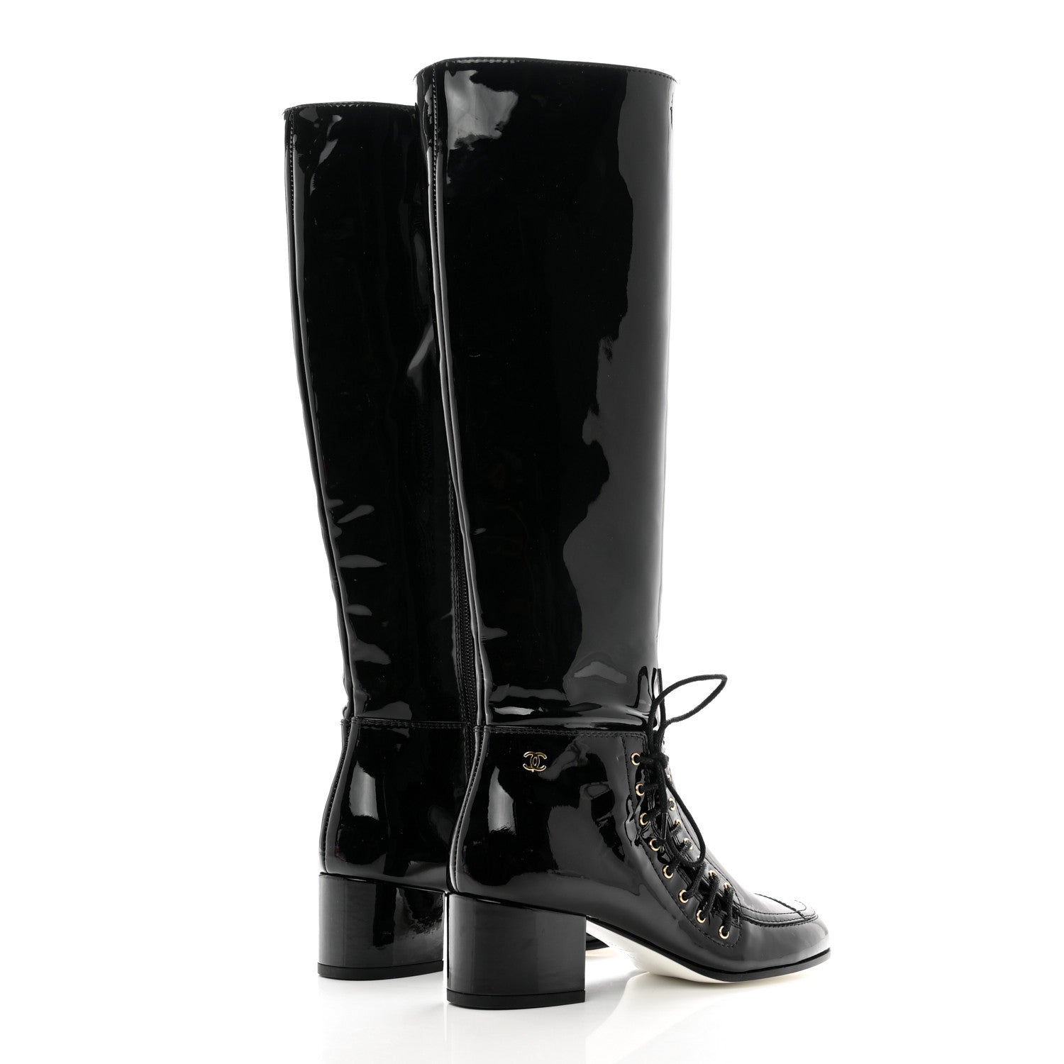 Chanel Patent Lace Up High Boots 35 Black 4 of 8