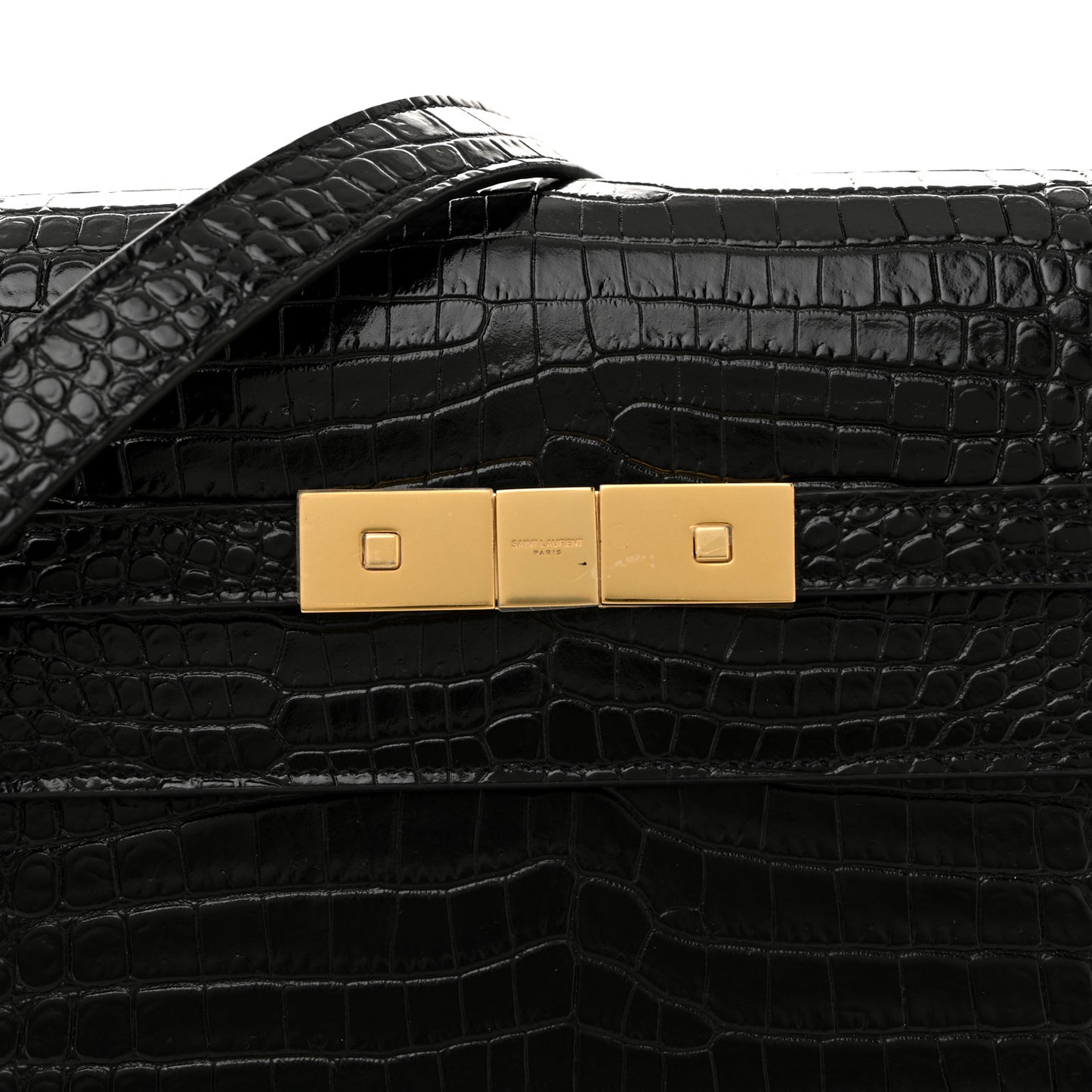 Shiny Calfskin Crocodile Embossed Manhattan Baguette Black
