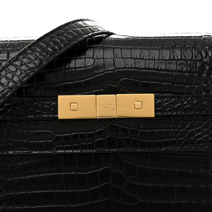 Saint Laurent Shiny Calfskin Crocodile Embossed Manhattan Baguette Black 8 of 10