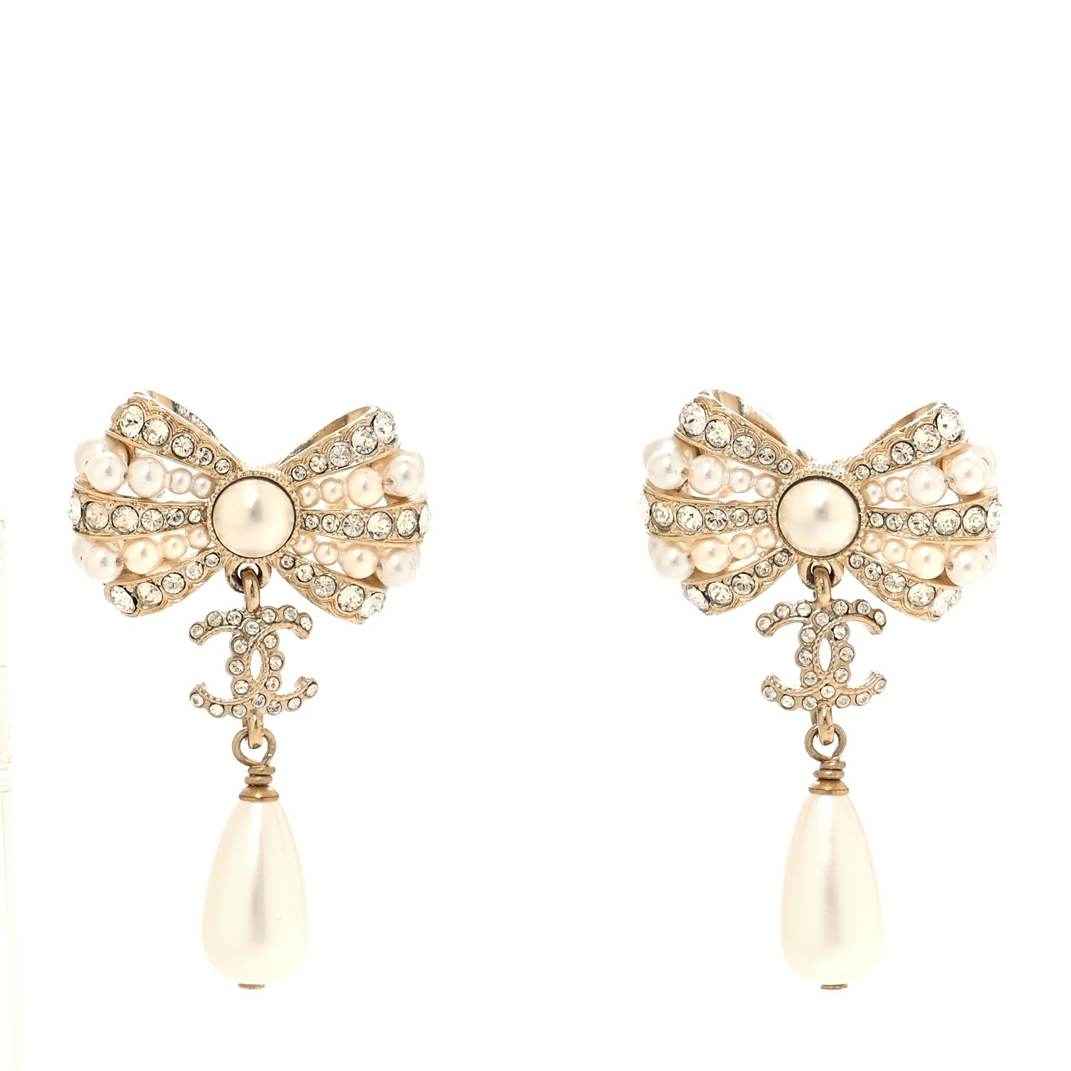 Chanel Crystal Pearl CC Bow Drop Earrings Gold Pearly White 1 of 5