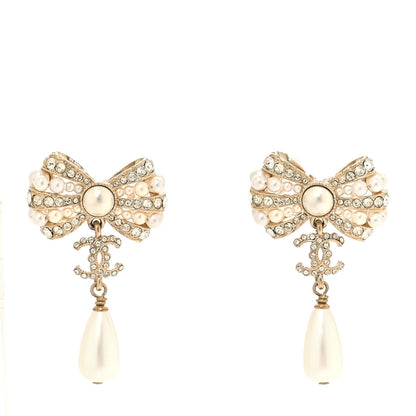 Chanel Crystal Pearl CC Bow Drop Earrings Gold Pearly White 1 of 5