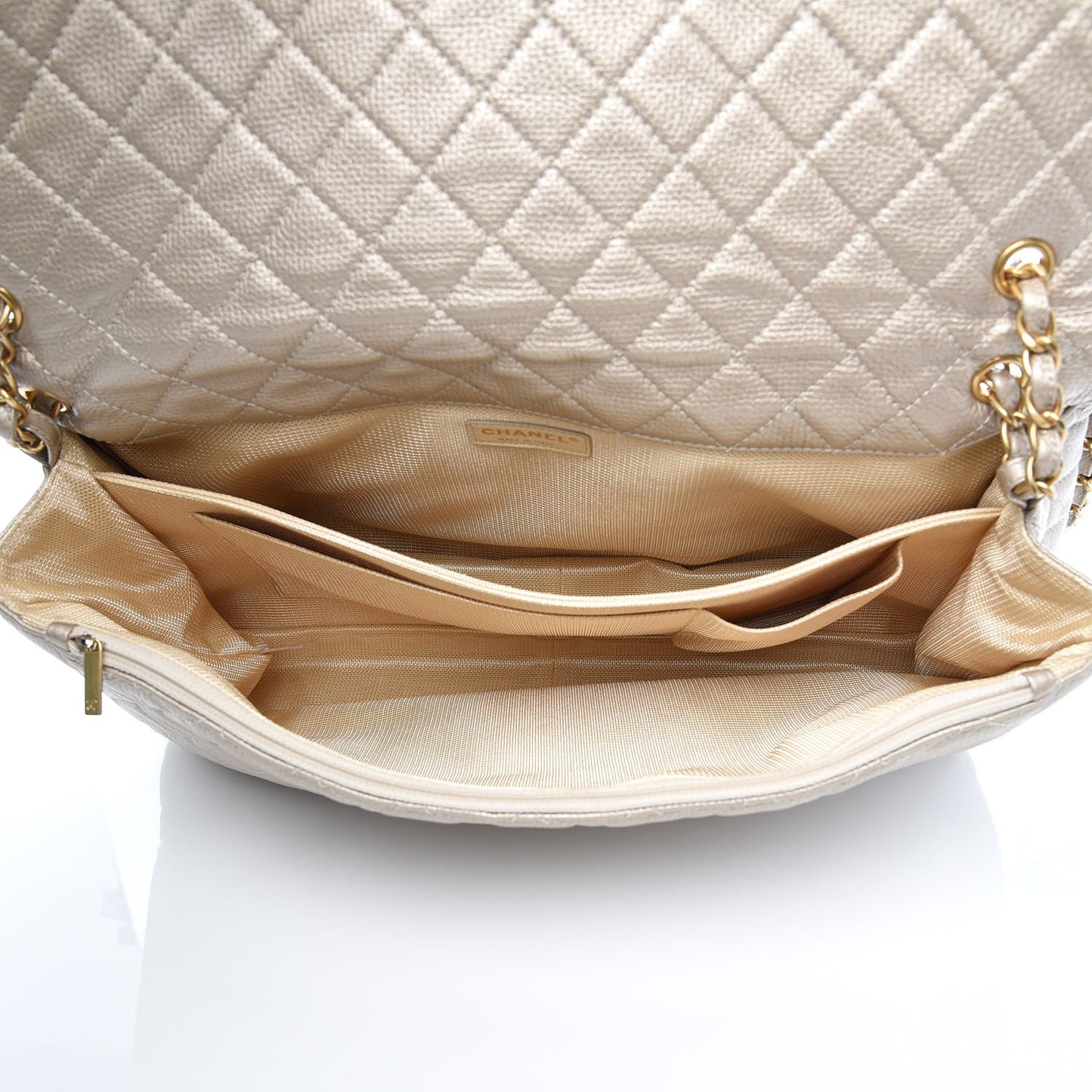 Metallic Calfskin Quilted XXL Travel Flap Bag Gold
