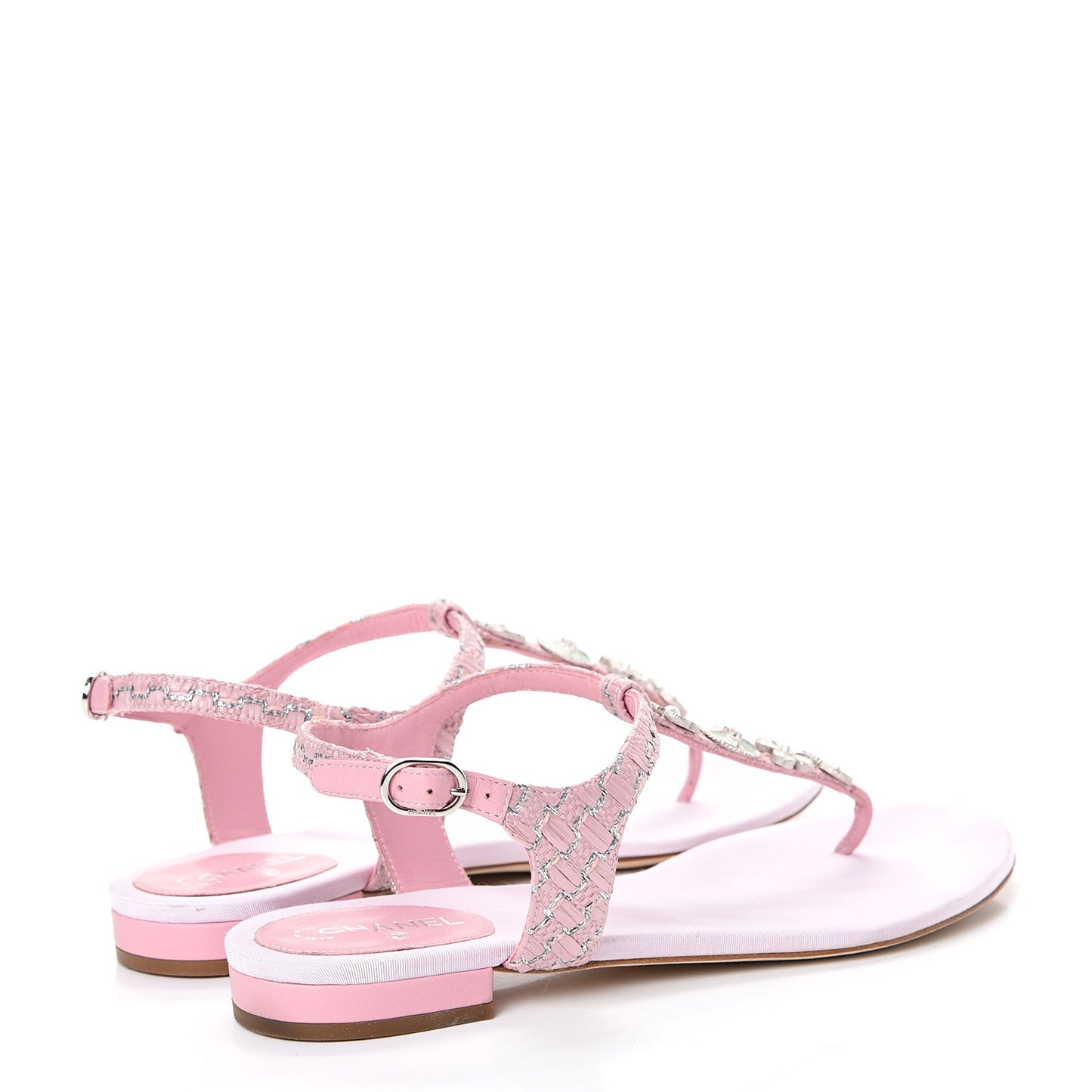 Tweed CC Charm Thong Sandals 39.5 Pink Silver