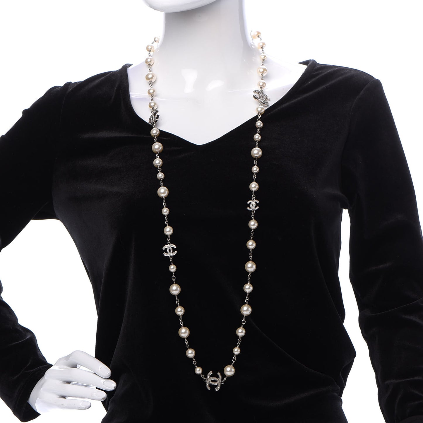 Crystal Pearl CC Long Necklace Silver