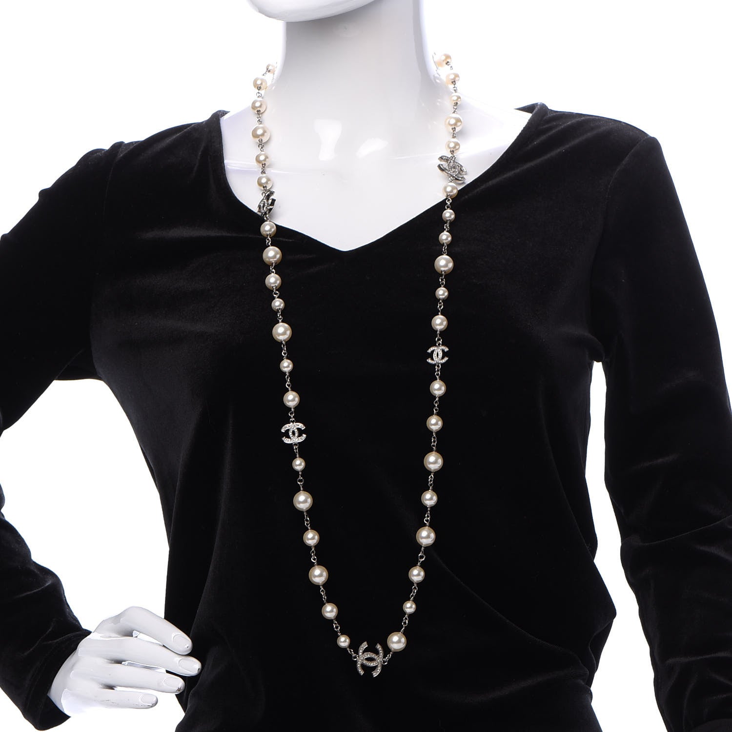 Chanel Crystal Pearl CC Long Necklace Silver 2 of 6