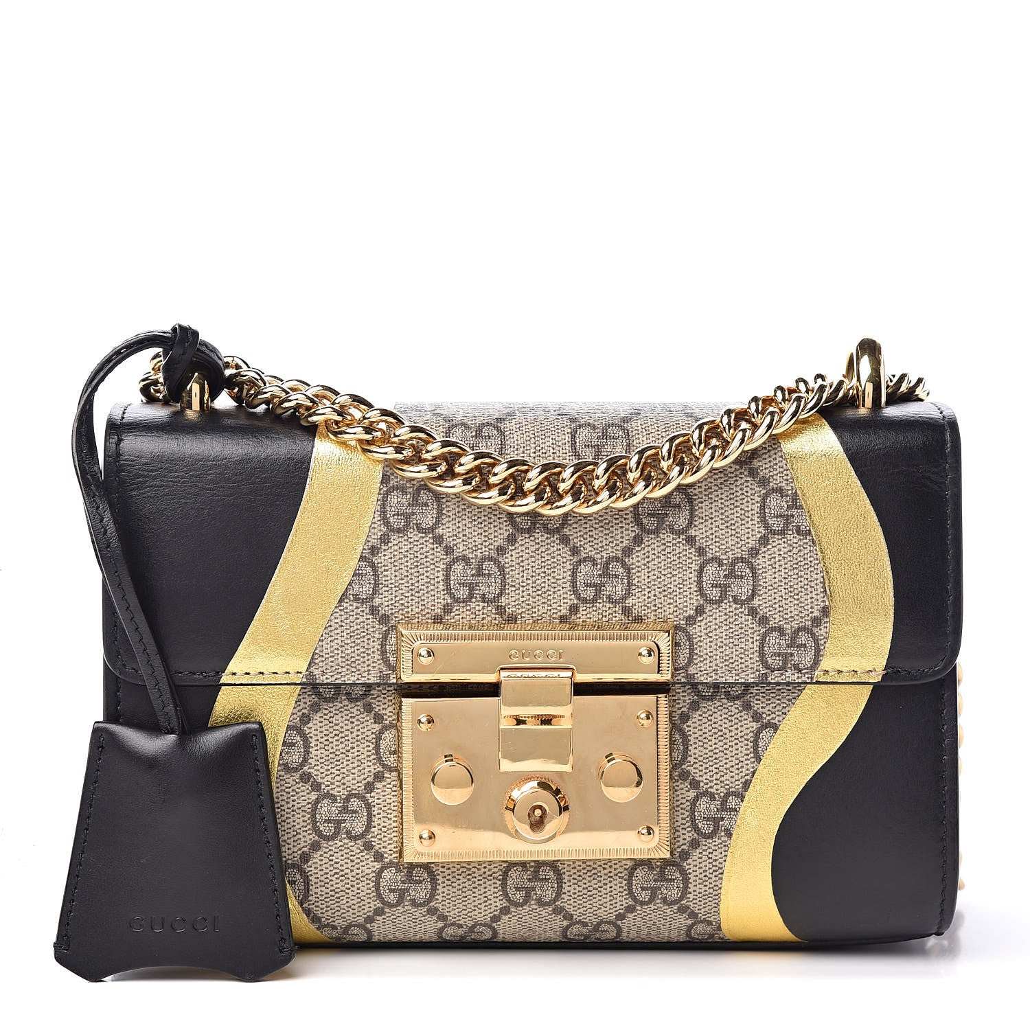 Gucci Calfskin GG Supreme Monogram Small Padlock Shoulder Bag Black Gold 1 of 19