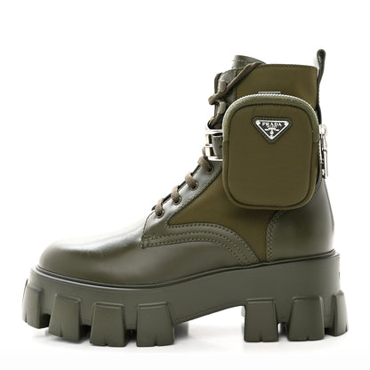 Prada Spazzolato Rois Re-Nylon Metal Triangle Logo Monolith Pouch Pocket 60mm Combat Boots 37.5 Militare 1 of 11