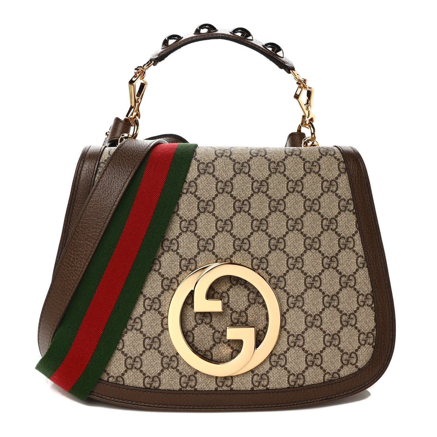 GG Supreme Monogram Textured Dollar Calfskin Web Medium Blondie Top Handle Shoulder Flap Bag Beige Ebony New Acero