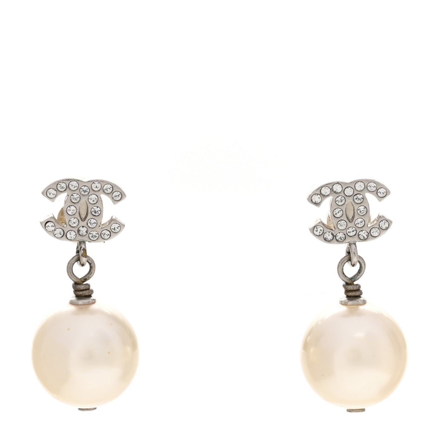 Crystal Pearl CC Drop Earrings Silver Pearly White
