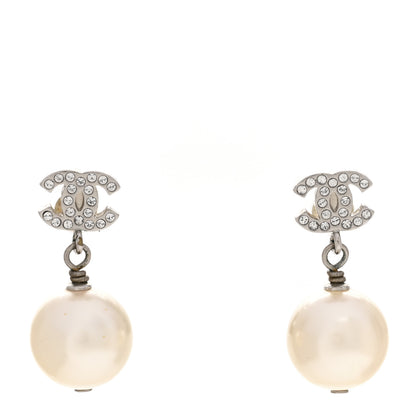 Chanel Crystal Pearl CC Drop Earrings Silver Pearly White 1 of 5