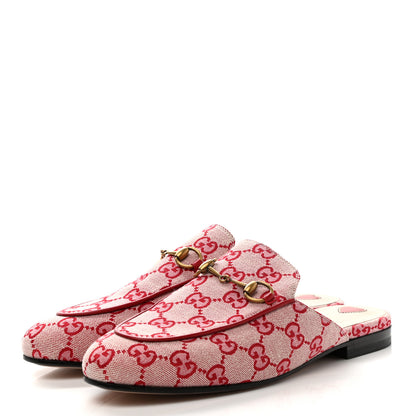 Gucci Canvas GG Monogram Horsebit Womens Princetown Slippers 38 Gardenia Hibiscus Red 3 of 10