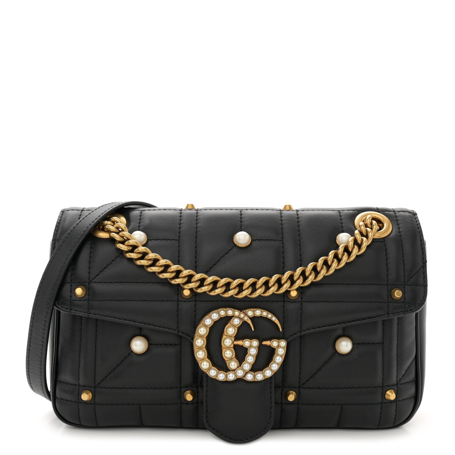 Gucci Calfskin Matelasse Studded Small Pearly GG Marmont Shoulder Bag Black 1 of 11