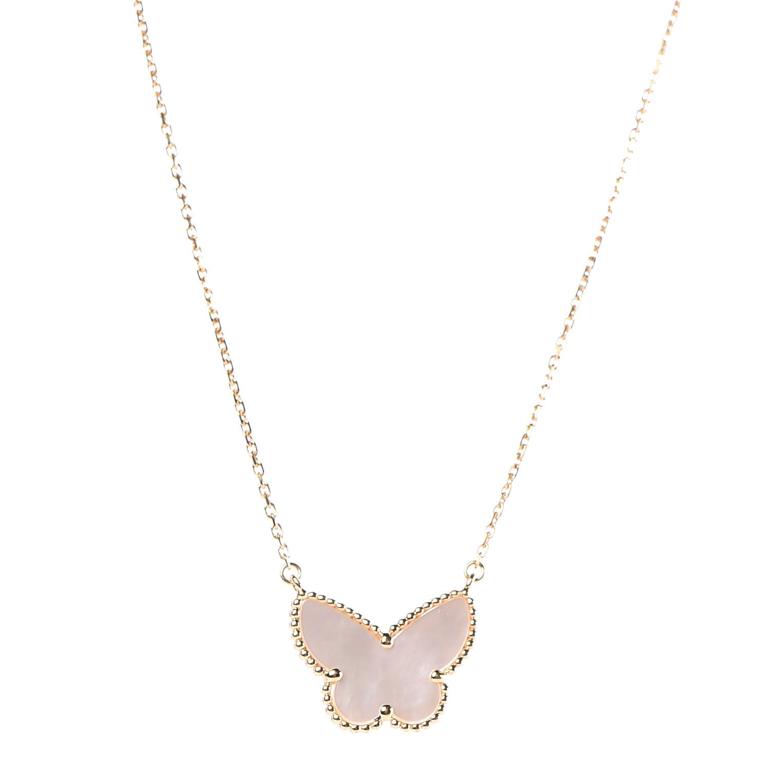 Van Cleef & Arpels 18K Yellow Gold Mother of Pearl Lucky Alhambra Butterfly Pendant Necklace 1 of 6