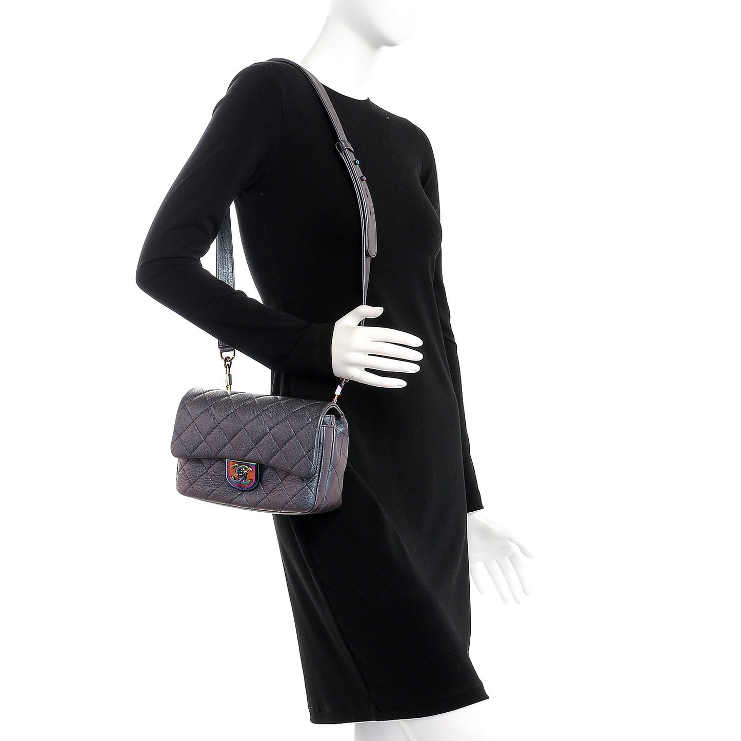 Iridescent Goatskin Quilted Small Double Carry Waist Chain Flap Purple