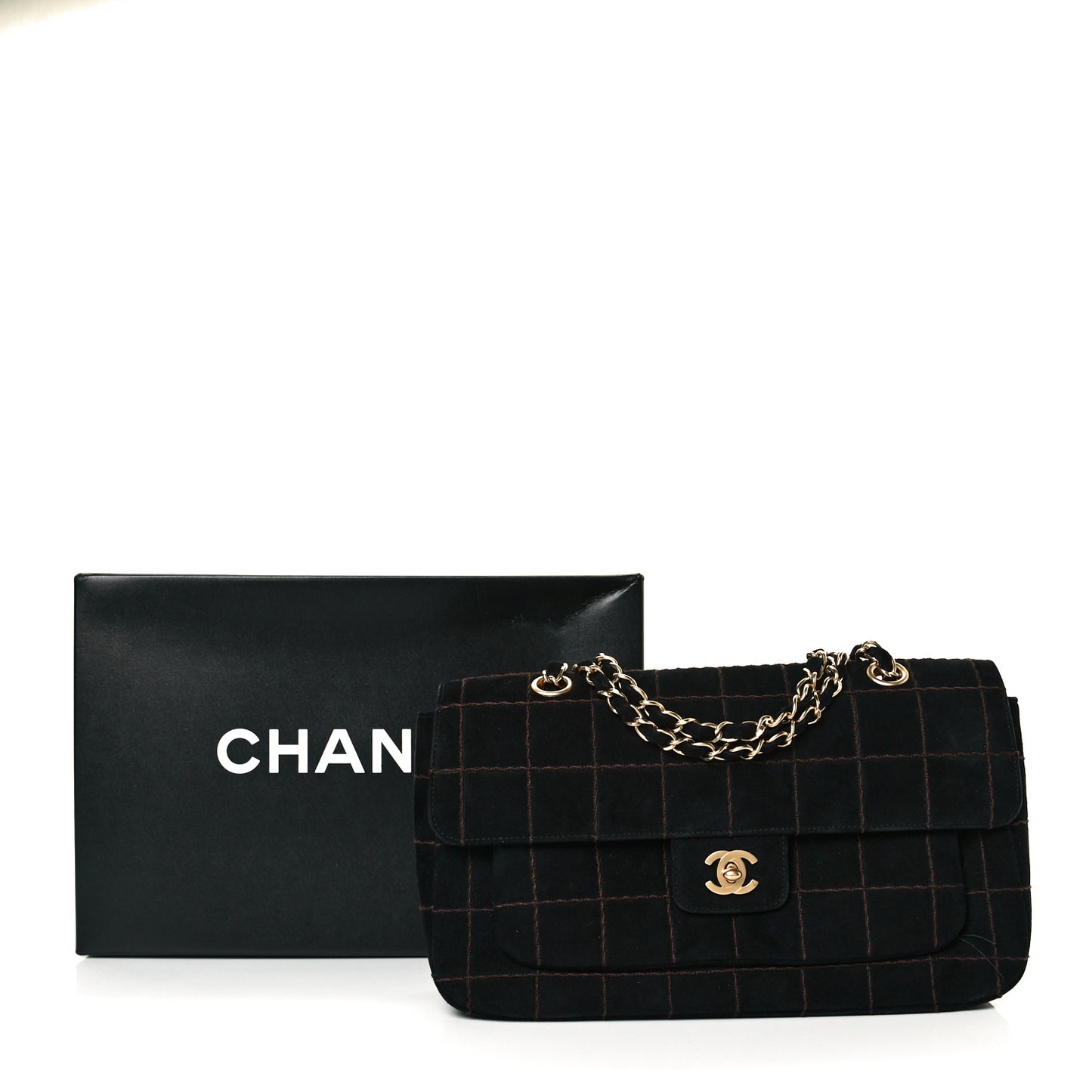 Suede Square Double Stitch Flap Black