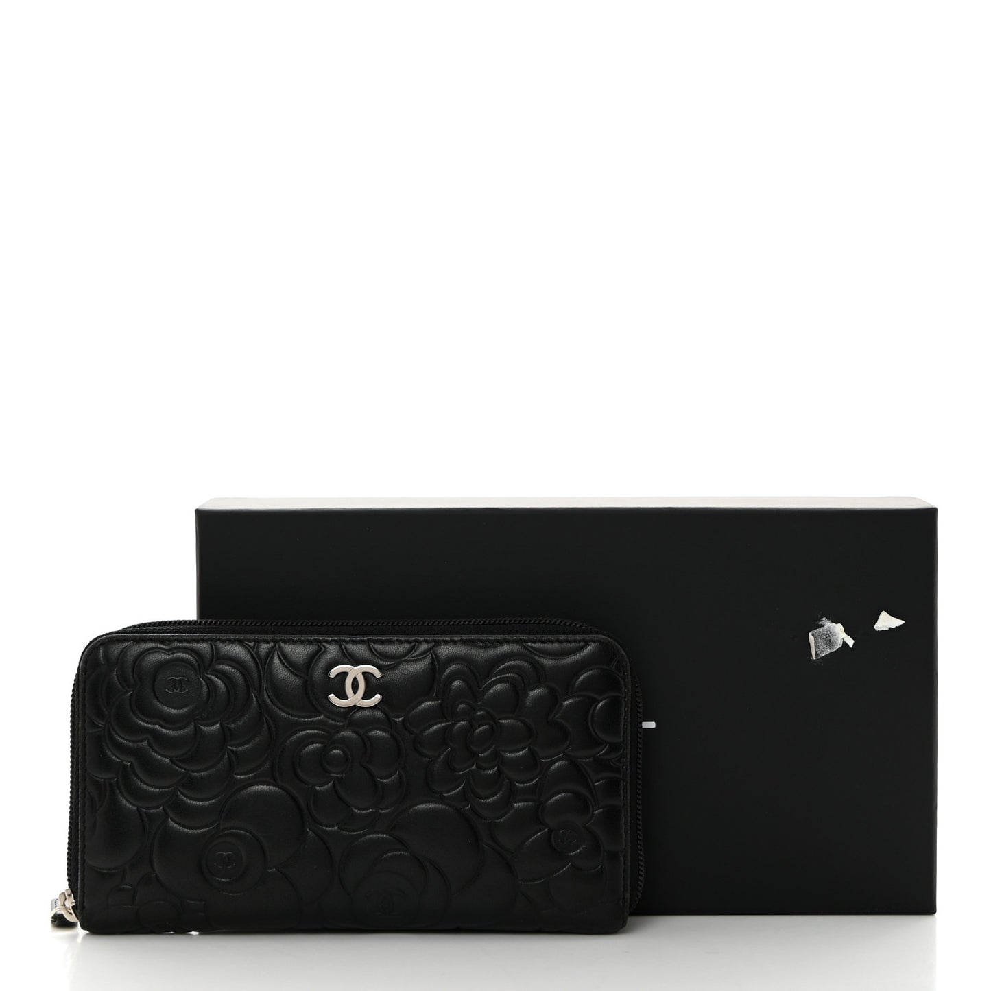 Lambskin Camellia Embossed Zip Around Gusset Wallet Black