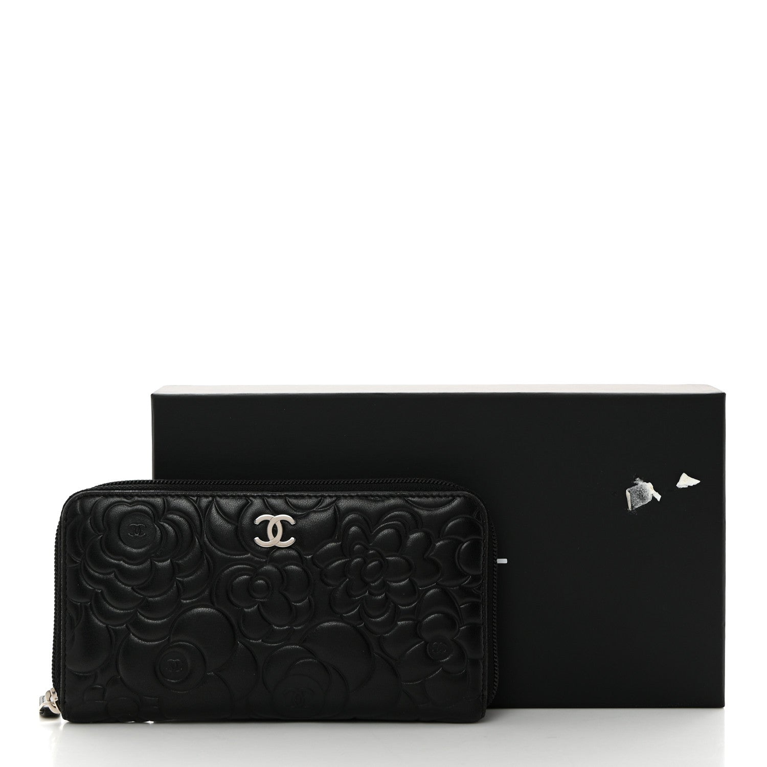 Chanel Lambskin Camellia Embossed Zip Around Gusset Wallet Black 9 of 9