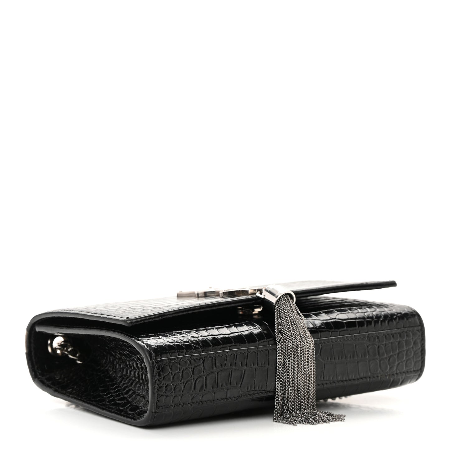Calfskin Crocodile Embossed Small Classic Monogram Kate Tassel Satchel Black